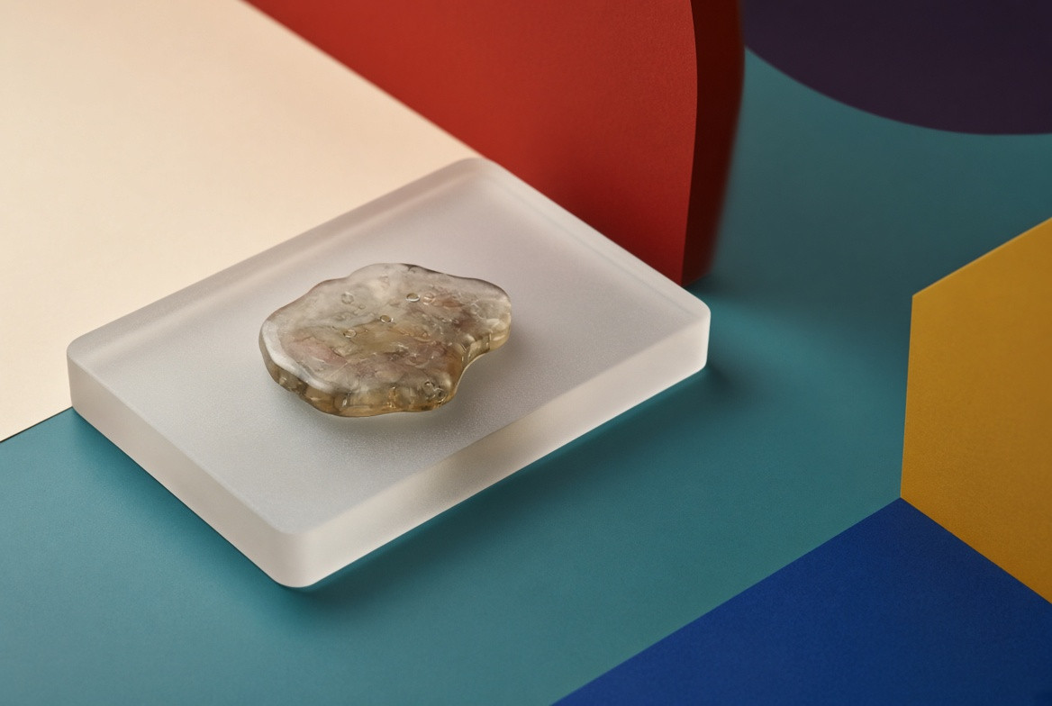 An unsorted translucent resin object under instructional studio light