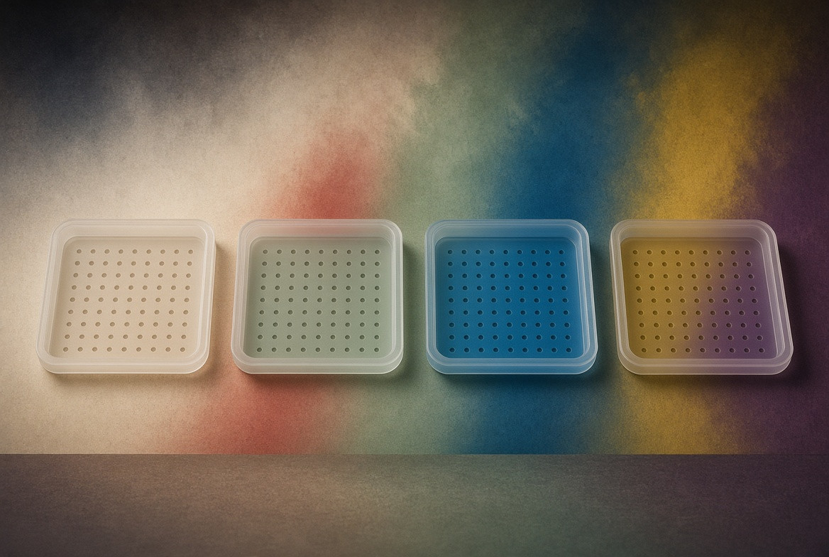 Four empty frosted acrylic phase trays