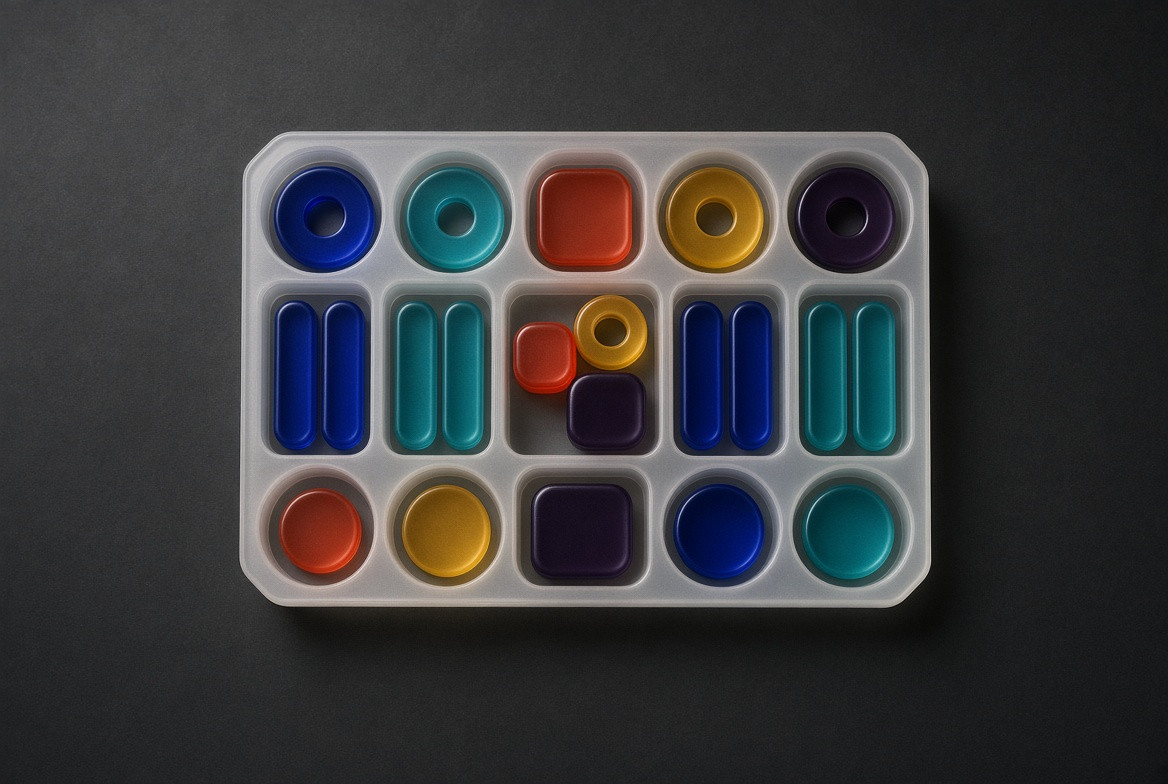 Compatible parts sorted into a frosted tray