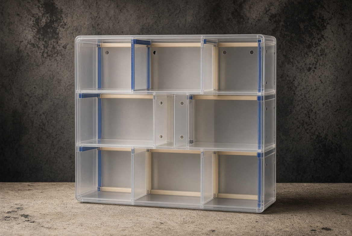 A transparent cabinet holding empty frosted acrylic compartments