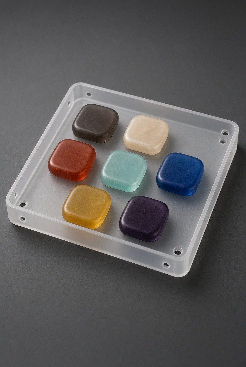 A shared-device viewing angle across a transparent tray