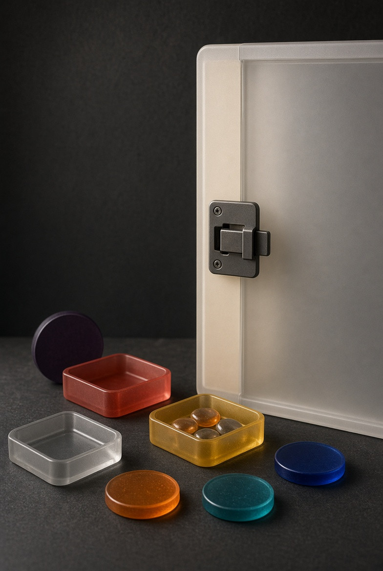 A plain security latch beside an external cabinet edge